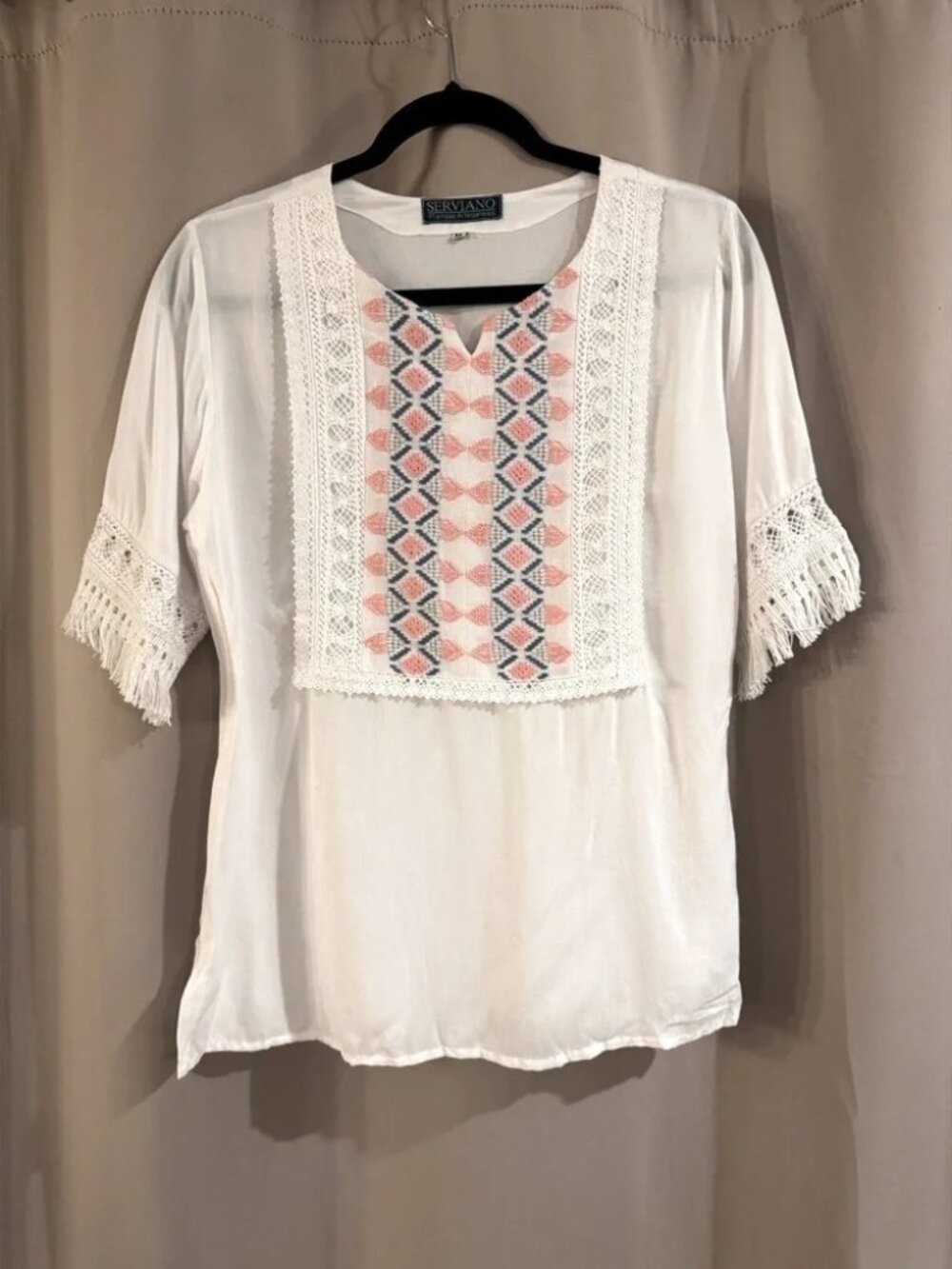 Serviano White Embroidered Top with Pink and Blue Accents